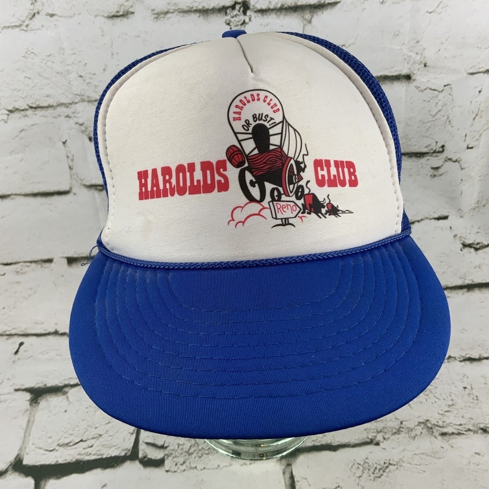 Harolds Club Blue Vented‎ Snapback Trucker Hat Nissin Covered Wagon Reno